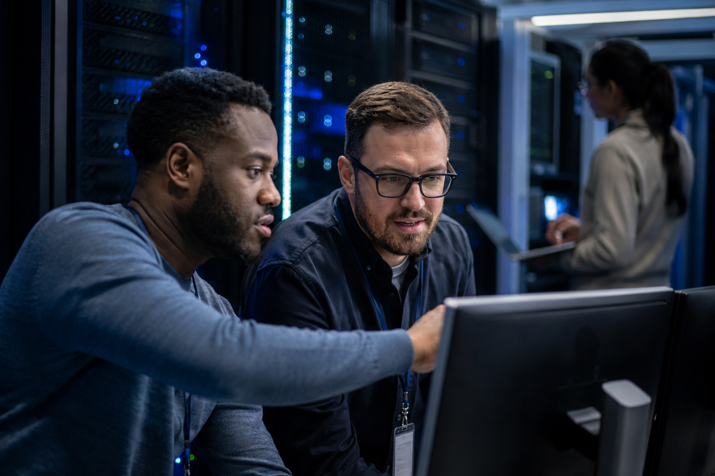 Mitarbeitende eines IT-Dienstleisters im Austausch über IT- und Serviceprozesse