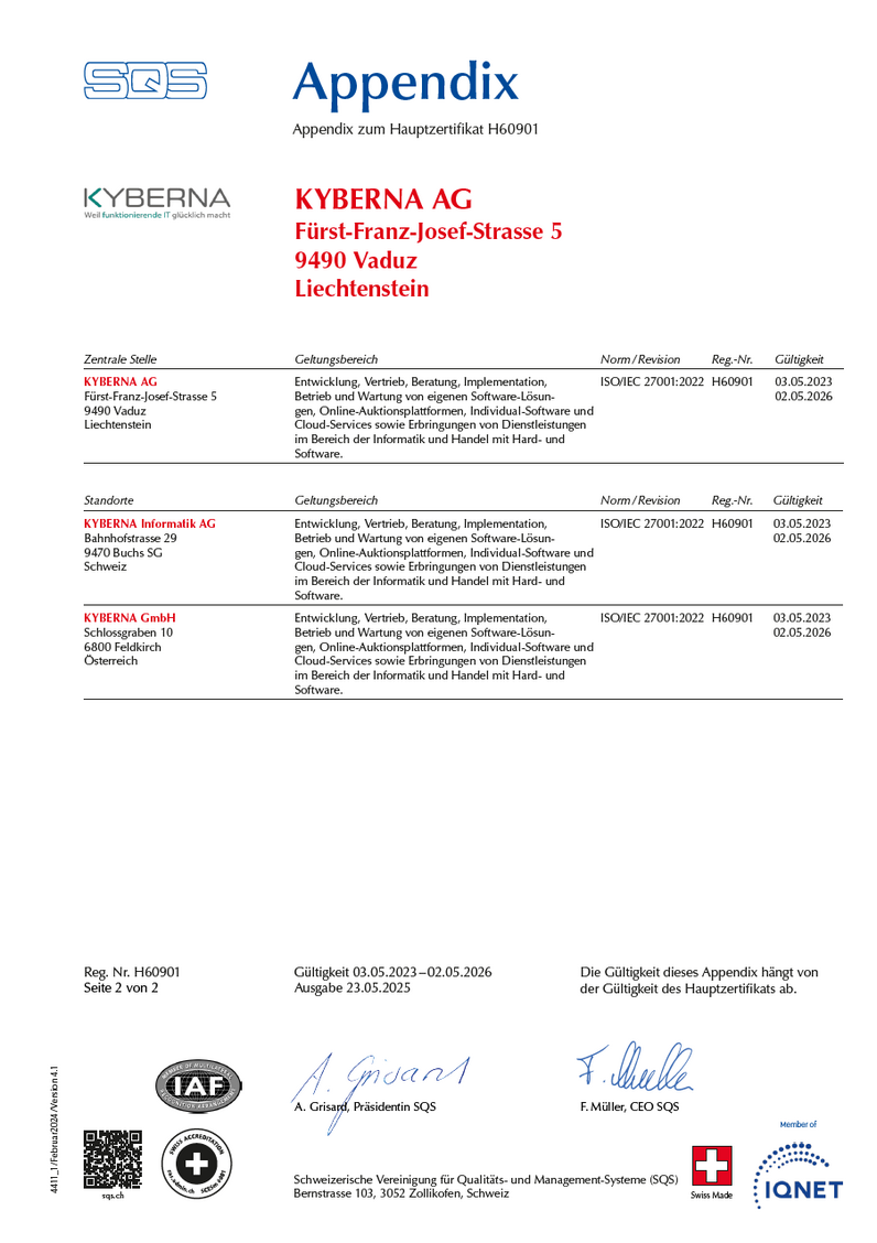 SQS Appendix zum Hauptzertifikat