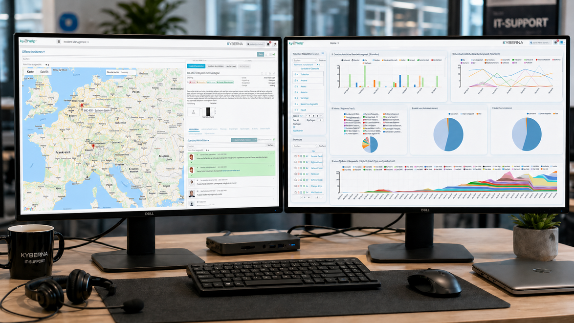 IT Service Management (ITSM) Software ky2help mit zwei Anzeigen/Dashboards auf zwei Bildschirmen in einem IT-Support Office.