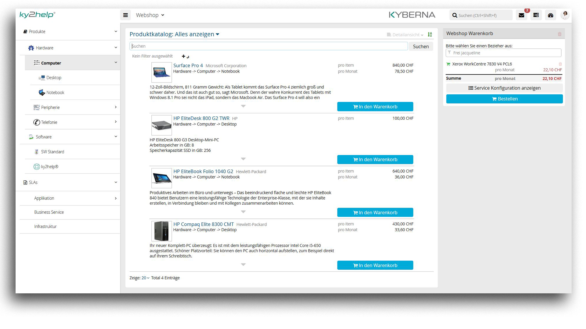 ITSM ky2help - Webshop für Bestellung, Abbestellung und Ersatzbestellung von Produkten & Services