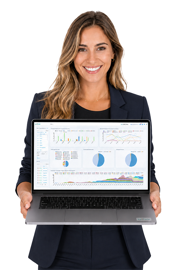 ITSM und ESM Software ky2help Dashboard Präsentation einer Frau mit Notebook in der Hand